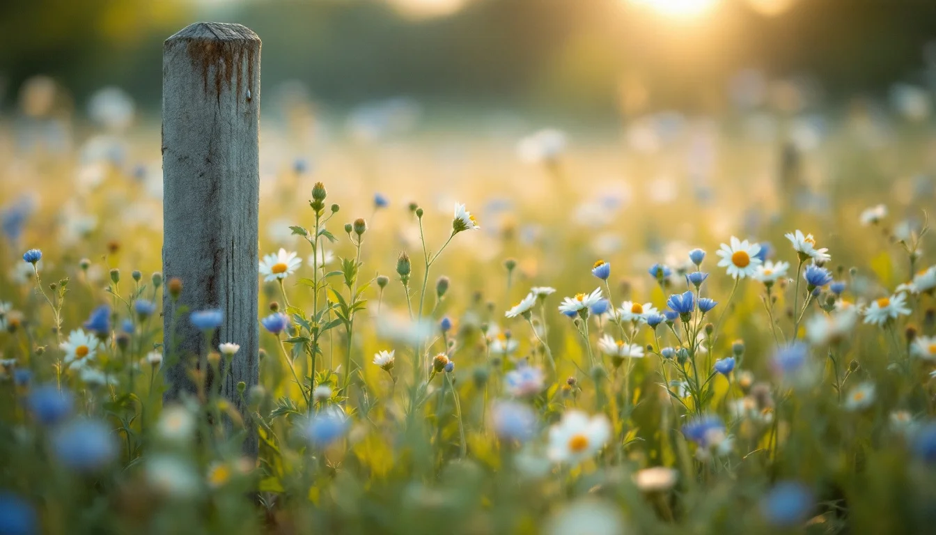 Svensk sommaräng med blåklint och prästkragar i morgonljus